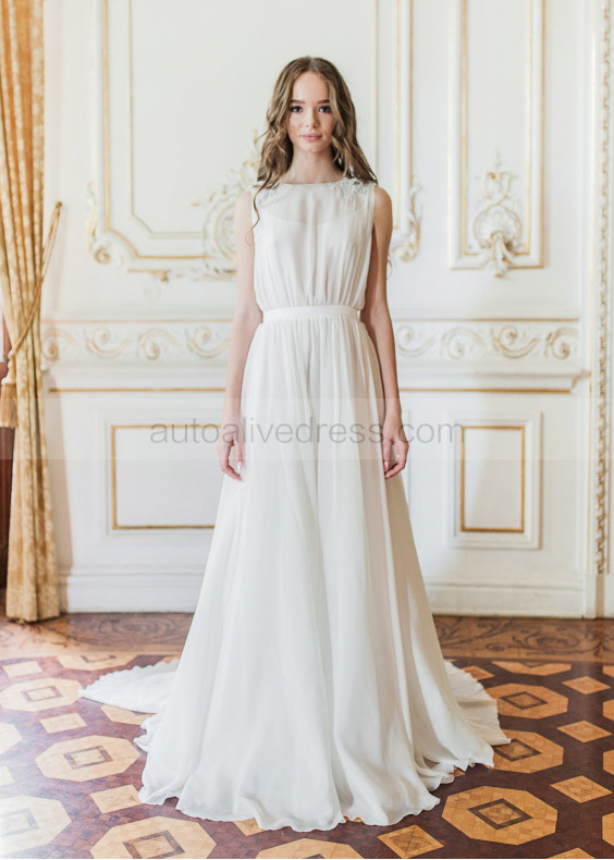 Boat Neck Beaded Ivory Lace Chiffon Wedding Dress